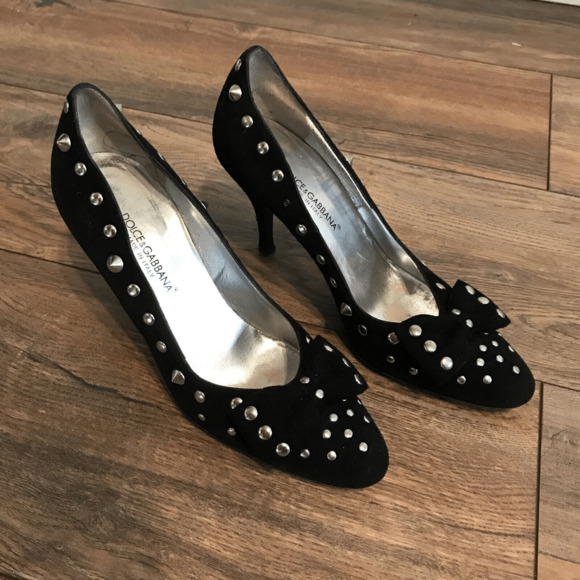 DOLCE & GABBANA Black Suede Silver Pointed Studded Heels Womans size 36.5 US 6 - Picture 2 of 14